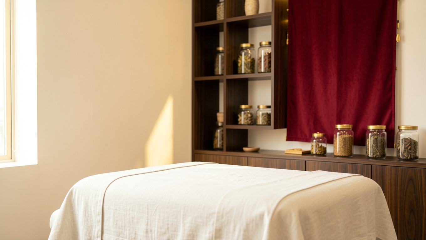 Consultório de acupuntura com mesa de atendimento e cortinas vermelhas